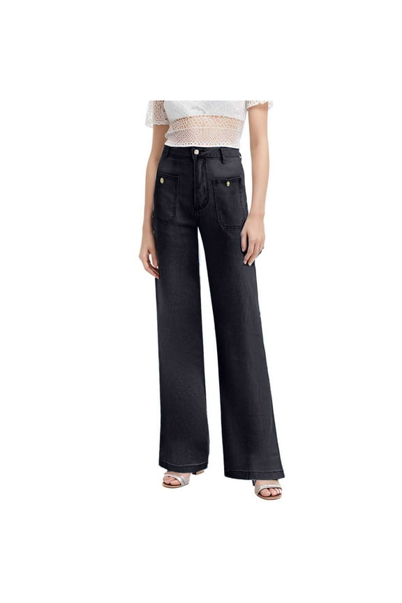 Women's Casual Pants – 2024 Loose Wide Leg Washed Button Jeans Comfort and Easygoing Style Black XS