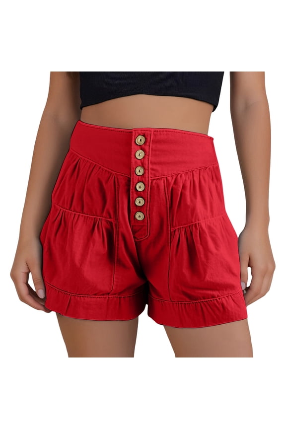 Women's Casual Pants Comfort - Modern Summer Flowing Denim Shorts with Button Up Front High Waisted Wide Leg Skort Featuring Practical Pockets and Wear Red S