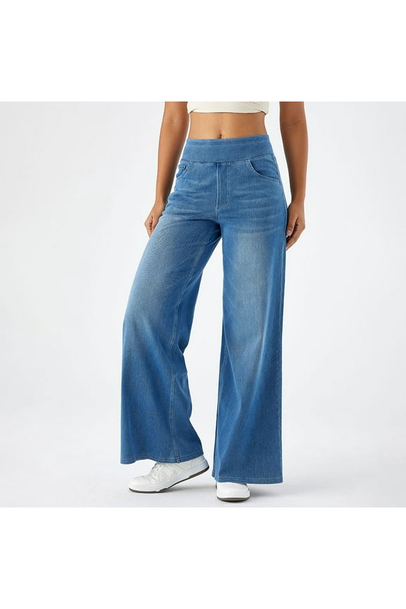 Women's Casual Pants for Everyday Comfort and Style - Pull On High Waisted Wide Leg Denim Jeans for Women with Stretch and Relaxed Straight Fit Navy L