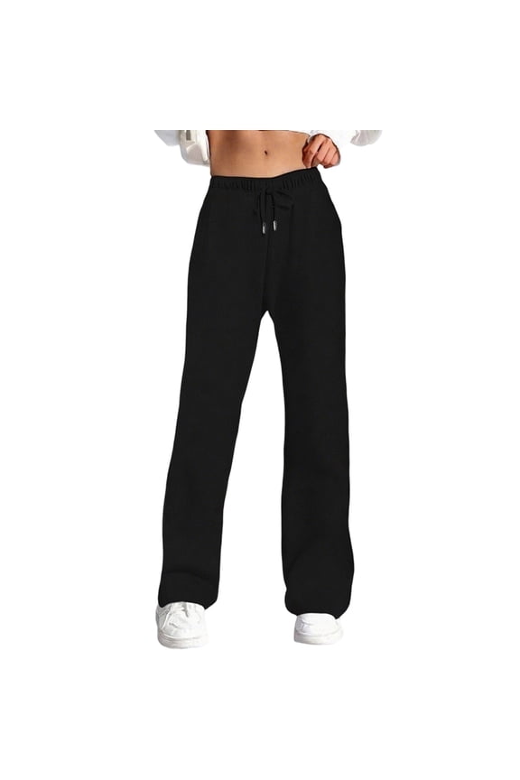 Women's Casual Pants High Waisted Loose Straight Leg Titted Comfortfor Spring Summer Fall Winter Fashion Elastic Waist with Drawstring Black2 XXL