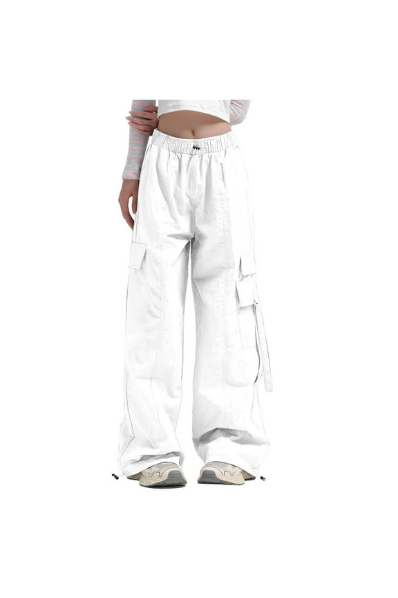 Women's Casual Pants - Wide Leg Cargo Pants For Women With Side Pocket Mid Waisted Travel Streetwear Baggy Stretchy Pants Drawstring Ankle White S