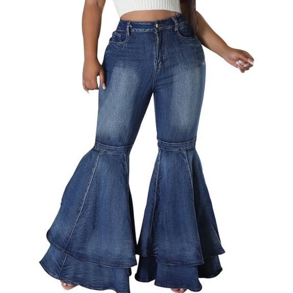Wangmeiwg Women's Casual Pants - Women's Fashion High Waist Jeans Slim Fit Wide Leg Stretch Denim Flared Double Hem Flared Pants Modern Women's Casual Bottoms Comfort Blue S