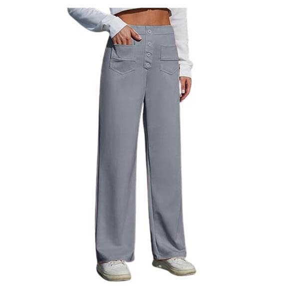 Wangmeiwg Women's Casual Pants for Women Workwear High Elastic Waist Straight Wide Leg Trousers with Button Front and Pockets Grey M