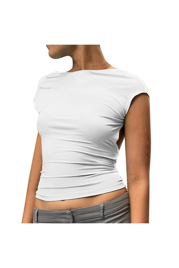 Women's Fashion Solid Backless T Shirts Crop Top Casual Short Sleeve Short Top for Women White L