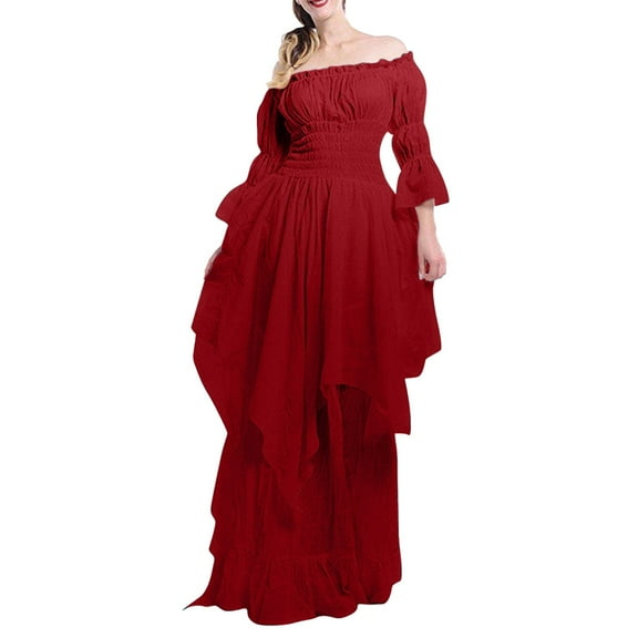 Wangmeiwg Women's Gorgeous Lace Flare Sleeve Retro Gothic Dress - Elegant Attire for Courtly Events L Red