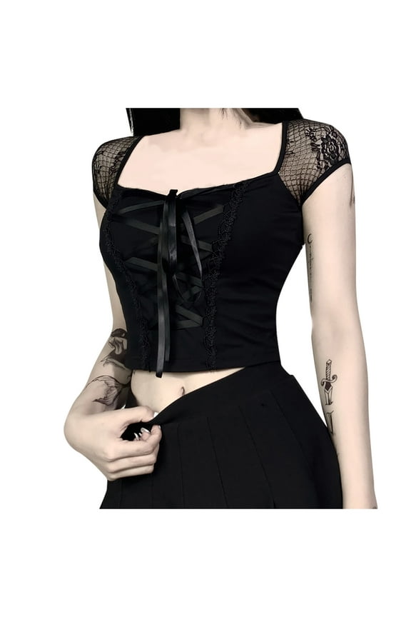 Women’s Gothic Mesh Lace Top - Slim Fit Splicing Sheer Blouse for Modern Women Black M