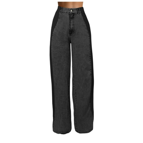 Wangmeiwg Women’s Jeans With Patchwork Stripes High Waist Loose Denim Color Block Jean Straight Wide Leg Pants Womens Pants Casual with Pockets