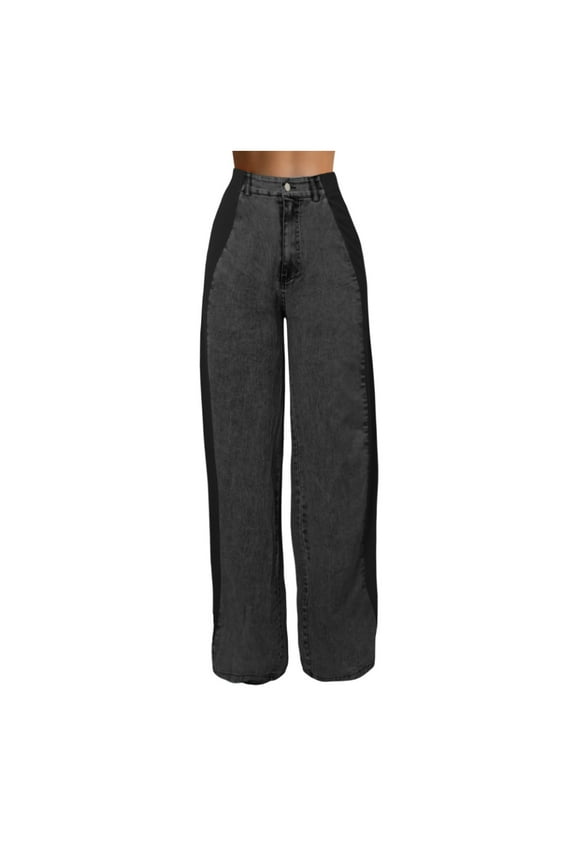 Women’s Jeans With Patchwork Stripes High Waist Loose Denim Color Block Jean Straight Wide Leg Pants Womens Pants Casual with Pockets
