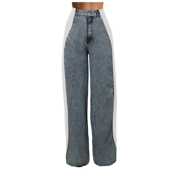Wangmeiwg Women’s Jeans With Patchwork Stripes High Waist Loose Denim Color Block Jean Straight Wide Leg Pants Womens Pants Casual with Pockets