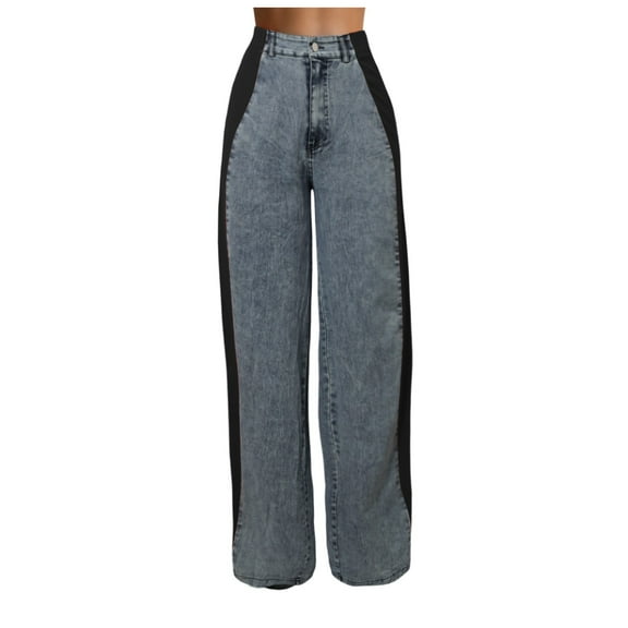 Wangmeiwg Women’s Jeans With Patchwork Stripes High Waist Loose Denim Color Block Jean Straight Wide Leg Pants Womens Pants Casual with Pockets