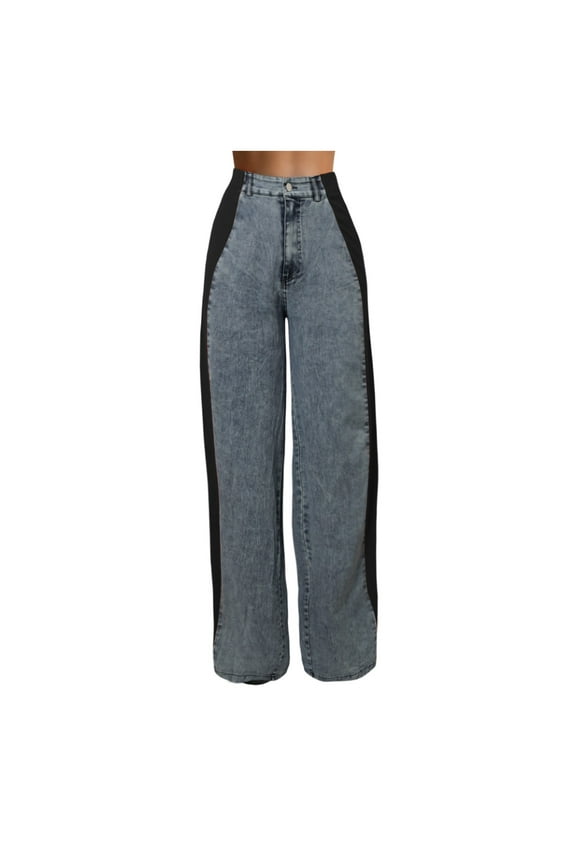 Women’s Jeans With Patchwork Stripes High Waist Loose Denim Color Block Jean Straight Wide Leg Pants Womens Pants Casual with Pockets