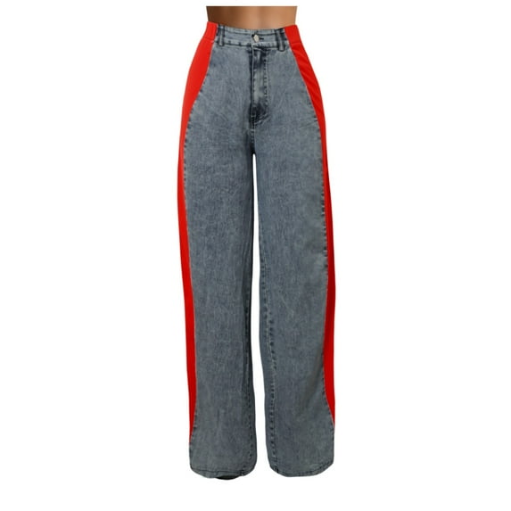 Wangmeiwg Women’s Jeans With Patchwork Stripes High Waist Loose Denim Color Block Jean Straight Wide Leg Pants Womens Pants Casual with Pockets