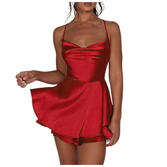 Wangmeiwg Women's Jumpsuit Backless Short Romper Satin Cowl Neck Tie Ruffle Layer Spaghetti Strap Mini Dress for Stylish Outfits M Red