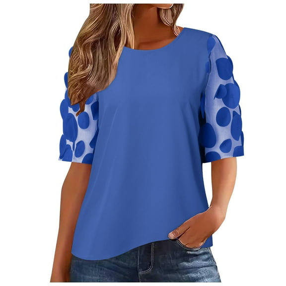 Wangmeiwg Women's Lightweight Blouse Daily Lace Sleeve Patchwork Daily Elegant Round Neck Regular Fit Tops Medium Sleeve