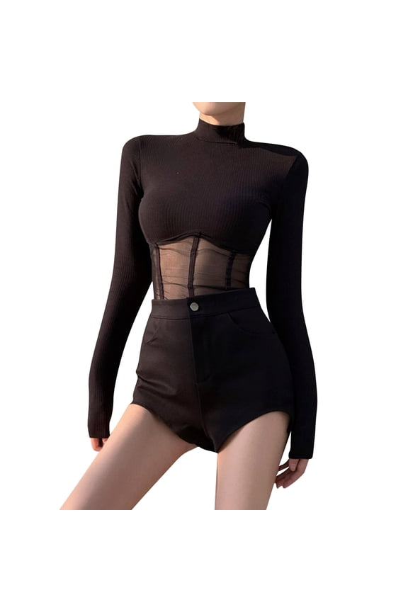 Women's Mesh Long Sleeve Top Tee for Women Slim Fit Cropped Crew Neck Patchwork Skeleton Blouse with Cut Out Details Streetwear T-Shirt Black M