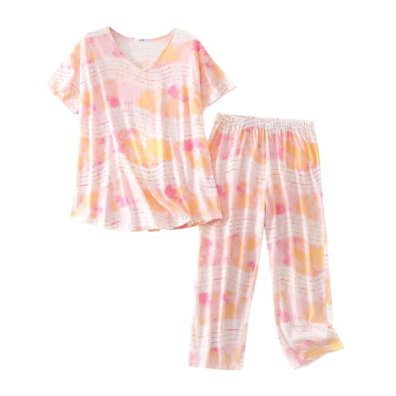 Wangmeiwg Women's Pajama Sets Comfort Women's Sleepwear Set Soft Short Sleeve Top and Relaxed Capri Pants for Nighttime Lounging L Orange