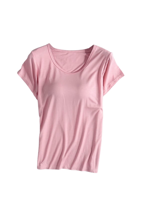Women's Pajama Sets Comfort Women's Sleepwear Short Sleeve T-Shirt with Built-In Bra Support Soft Vest Pajama Set 3XL Pink