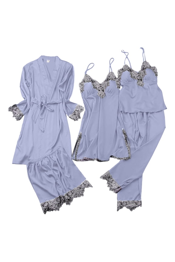 Women's Pajama Sets Floral Lace Trim Silk Sleepwear Nightdress and Robe Ensemble for Women Comfortable Pajama Set L Light Purple