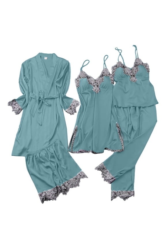 Women's Pajama Sets Floral Lace Trim Silk Sleepwear Nightdress and Robe Ensemble for Women Comfortable Pajama Set XL Green