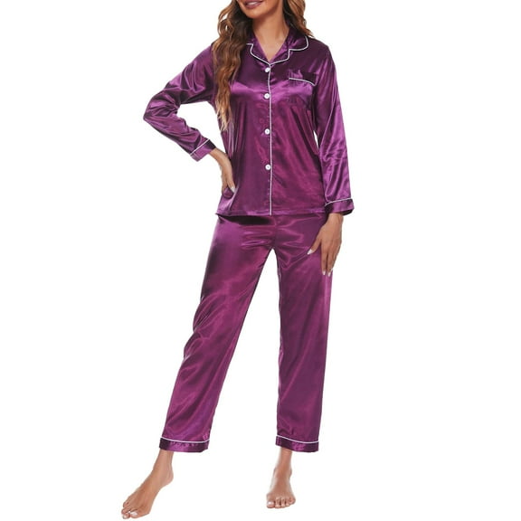 Wangmeiwg Women's Pajama Sets Satin Sleepwear Set for Women Elegant V-Neck Nightwear Shirt and Long Pajama Comfortable Homewear Outfit M Purple