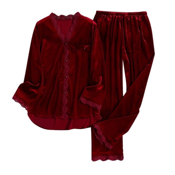 Wangmeiwg Women's Pajama Sets Winter Sleepwear Set for Women with Elegant Velvet Long Sleeve Top and Comfortable Trousers M