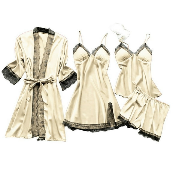 Wangmeiwg Women's Pajama Sets Elegant Satin Lace Women's Pajama Set - Four Piece Nightgown with Robe and Chest Pad 4XL Beige