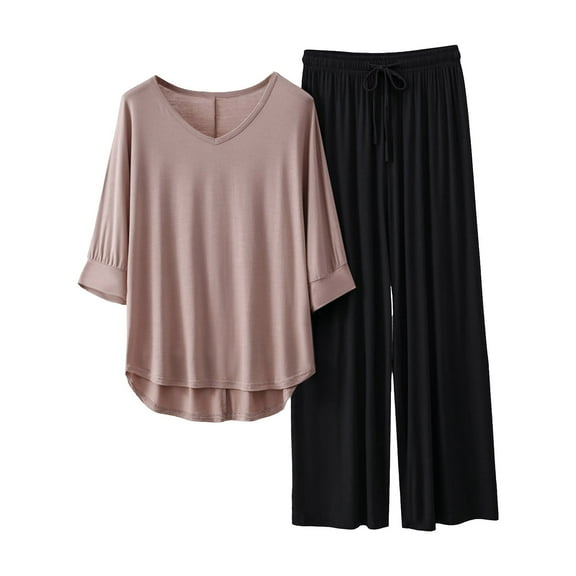 Wangmeiwg Women's Pajama Sets Women Pajama Sets Short Sleeve V-Neck Top with Elastic Waist Flowy Trousers Comfortable Sleepwear Outfit for Ladies XL Coffee