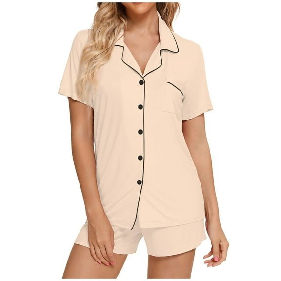 Wangmeiwg Women's Pajama Sets Elegant Women's Pajama Sets Short Sleeve Sleepwear Button Down Nightwear Shorts Soft Comfortable Home Wear XL Beige