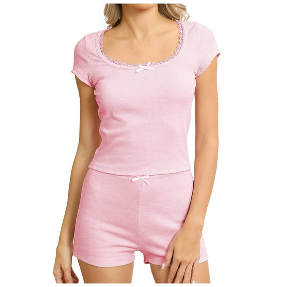 Wangmeiwg Women's Pajama Sets Women's Ribbed Lace Trim Square Neck Slim Fit Two Piece Pajama Set for Home Wear Comfortable Outfit M Red