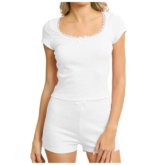 Wangmeiwg Women's Pajama Sets Women's Ribbed Lace Trim Square Neck Slim Fit Two Piece Pajama Set for Home Wear Comfortable Outfit XL White