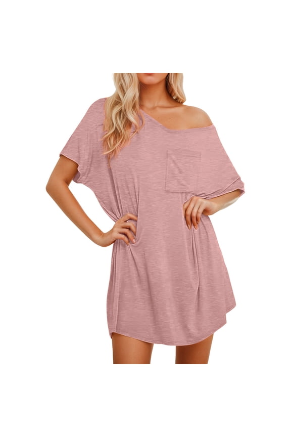 Women's Pajama Sets Women's Sleepwear Comfortable Solid Color V Neck Short Sleeved Sleeping Dress Restful Nights S Red