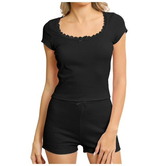 Wangmeiwg Women's Pajama Sets Women's Ribbed Lace Trim Square Neck Two Piece Pajama Set Soft Comfortable Home Wear Suit for Cozy Nights XL Black