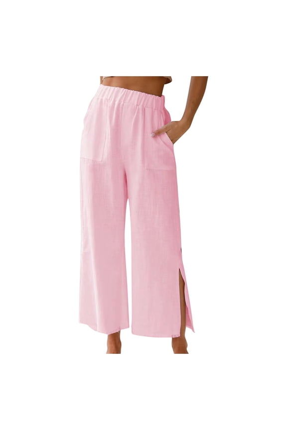 Women's Pants Women s Casual Daily Solid Color Pocketed Loose Fit High Waisted Wide Leg Split Pants for Women Casual Comfort Pink XL