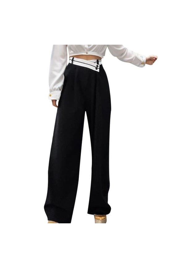 Women's Pants Women's Casual Wide-Leg Draped Pants for Women - Flowing Block Color Blocking Relaxed Fit Wear Black M