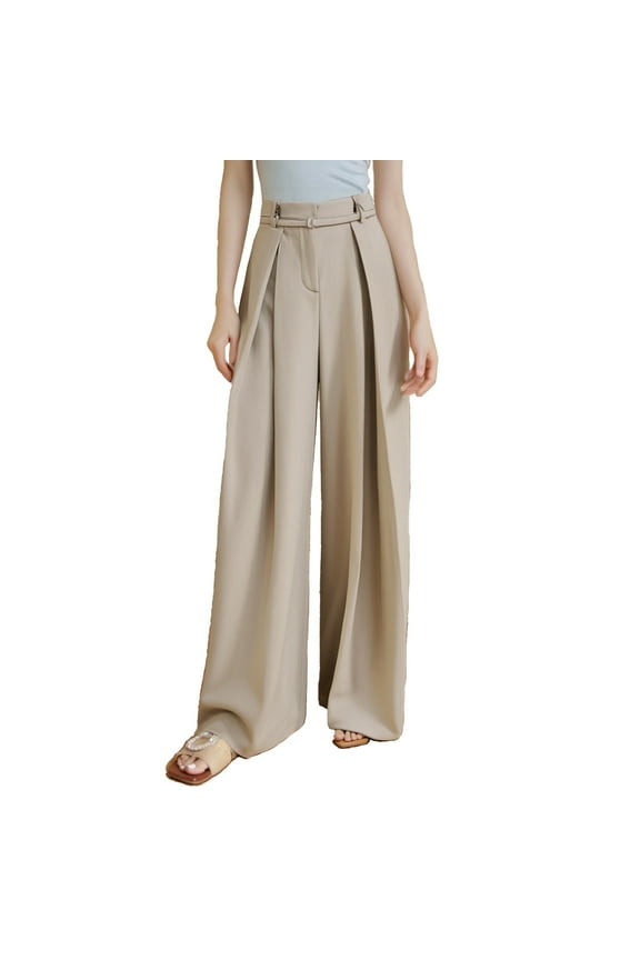 Women's Relaxed Fit High Rise Pleated Wide Leg Tleece Pants Comfort and Effortless Style Khaki L
