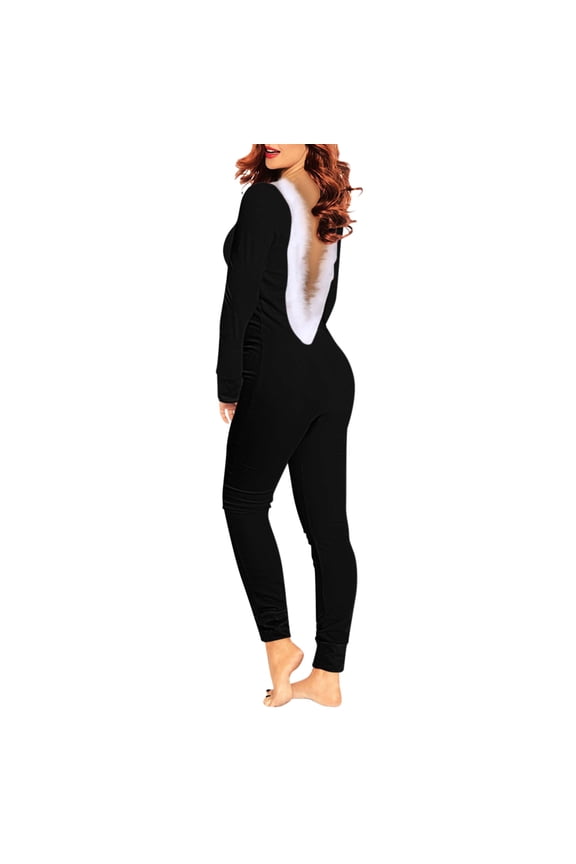 Women's Sleepwear Women's V-Neck Long Sleeve Sleepwear Romper Open Back Furry Jumpsuit Cozy Adult Pajamas Bodysuit for XL Black