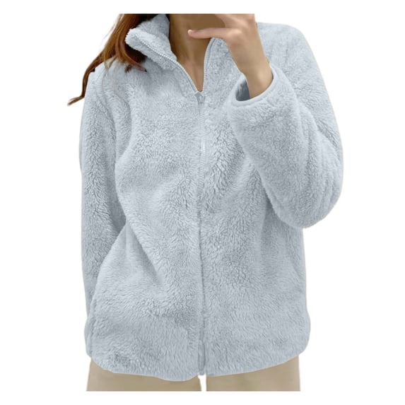 Wangmeiwg Women's Solid Color Jacket with Collar Zip Up Cozy Outerwear for Cold Weather Comfort and Casual Style Blue M