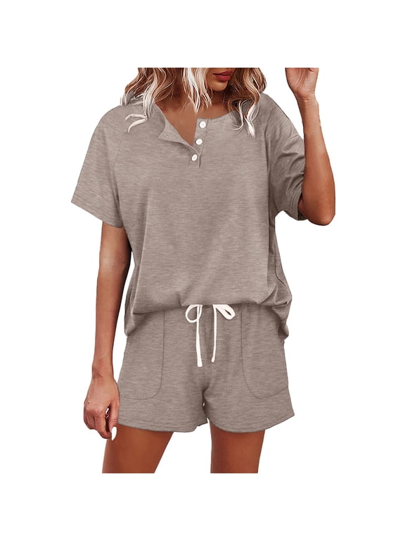 Women's Solid Color Short Sleeved Shorts Casual Set Button Drawstring Tie Up Sportswear Bandeau Swim Suits