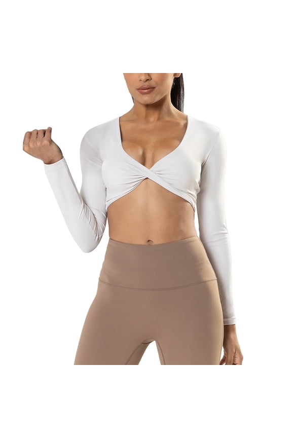 Women's Sports Long Sleeve Fitness Top with Deep V Neck Slim Fit Breathable Yoga Shirt for Navel Beige XL