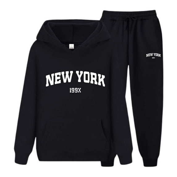 Wangmeiwg Women's Sweatshirts Autumn York Letter Print Unisex Hooded Sweatshirt And Pants Matching Set Casual Athletic Sportswear For Men And Women Black XXL