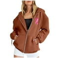 thumbnail image 1 of Wangmeiwg Women's Sweatshirts Fashion Women's Autumn Winter Cancer Awareness Ribbon Feather Print Zipper Long Sleeve Pocket Drawstring Casual Hooded Sweatshirt Brown 3XL, 1 of 5