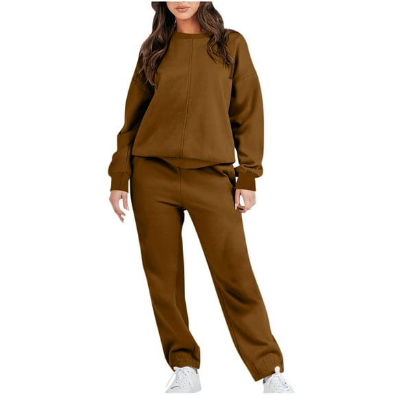 Wangmeiwg Women's Sweatshirts Women Trousers Suit Solid Sweatsuit Set Long Sleeve Pullover Sweatshirt Sweatpants Casual Outfit Ensemble for Brown XL