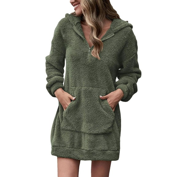 Wangmeiwg Women's Sweatshirts Women's Casual Dress Solid Hooded Loose Zipper Pullover V Neck Mini Sweatshirt with Pockets Green 3XL