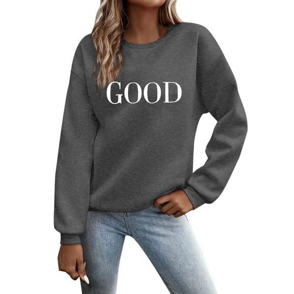 Wangmeiwg Women's Sweatshirts Women's Casual Long Sleeve Graphic Pullover Top Soft Crew Neck Hoodless Sweatshirt Comfortable Everyday Wear Relaxed Fit Blouse Dark Gray M