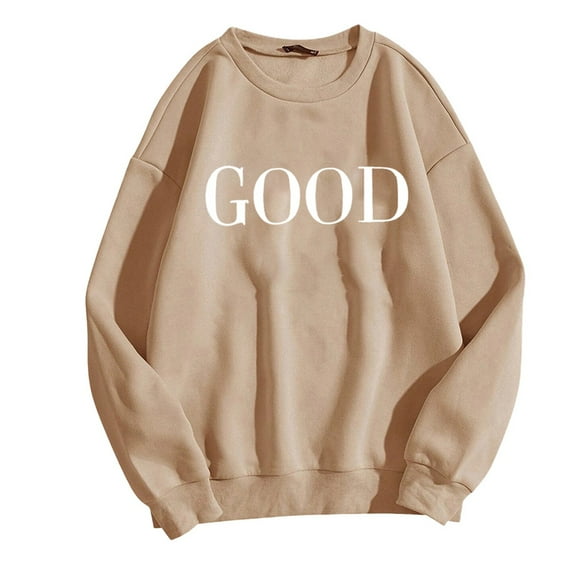 Wangmeiwg Women's Sweatshirts Women's Casual Long Sleeve Graphic Pullover Top Soft Crew Neck Hoodless Sweatshirt Comfortable Everyday Wear Relaxed Fit Blouse Khaki L