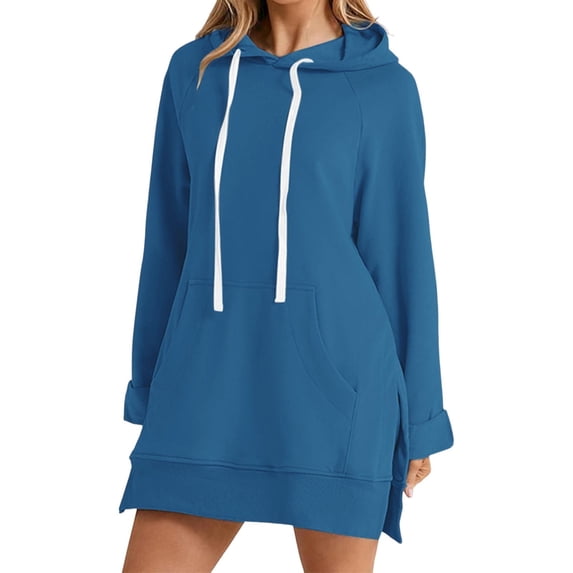 Wangmeiwg Women's Sweatshirts Women's Casual Long Sleeve Hooded Dress with Pockets Loose Fit Comfortable Medium Long Solid Color Pullover Hoodie Style Tunic Navy XL