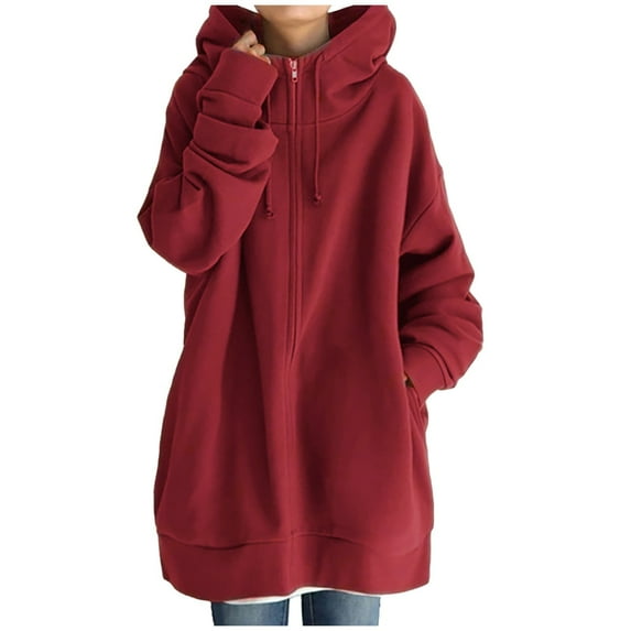 Wangmeiwg Women's Sweatshirts Women's Fashion Streetwear Zipper Hooded Sweater Coat with Drawstring and Pocket for Loose Comfortable Long Sleeved Solid Color Outerwear Red 3XL