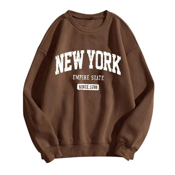 Wangmeiwg Women's Sweatshirts Women's Hoodies Sweatshirt Fashionable Letter Printed Round Neck Long Sleeved Casual Sportswear for Brown L