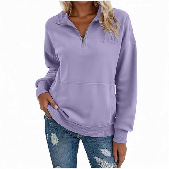 Wangmeiwg Women's Sweatshirts Women's Hoodies Sweatshirt Solid V Neck Long Sleeve Zippered Pocket Design for Everyday Comfort and Style Purple L