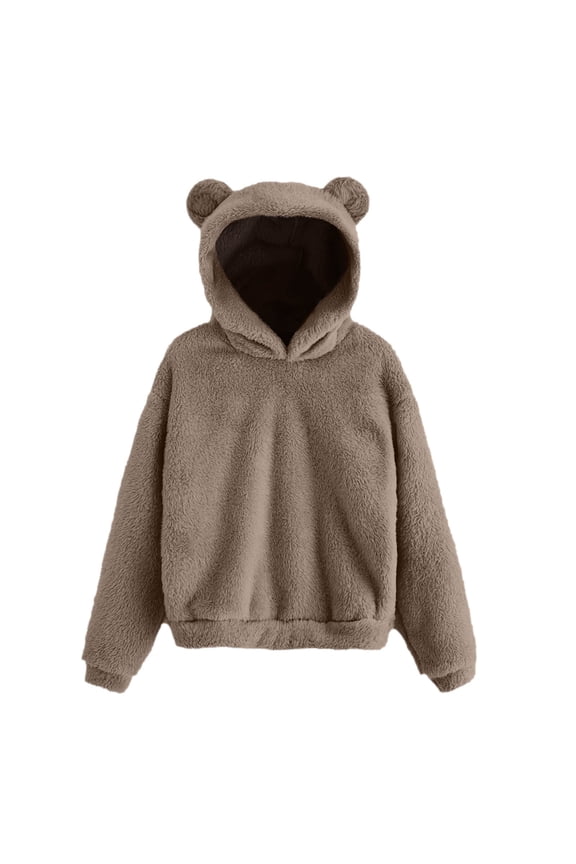 Women's Sweatshirts Women's Hoodies & Sweatshirts Women Long Sleeve Solid Sweatshirt Warm Bear Shape Fuzzy Hoodie Coat for Cozy Comfort and Style Khaki L
